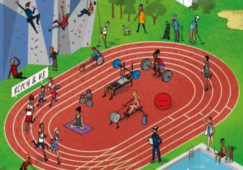 Illustration of people using track, swimming pool and rock climbing wall