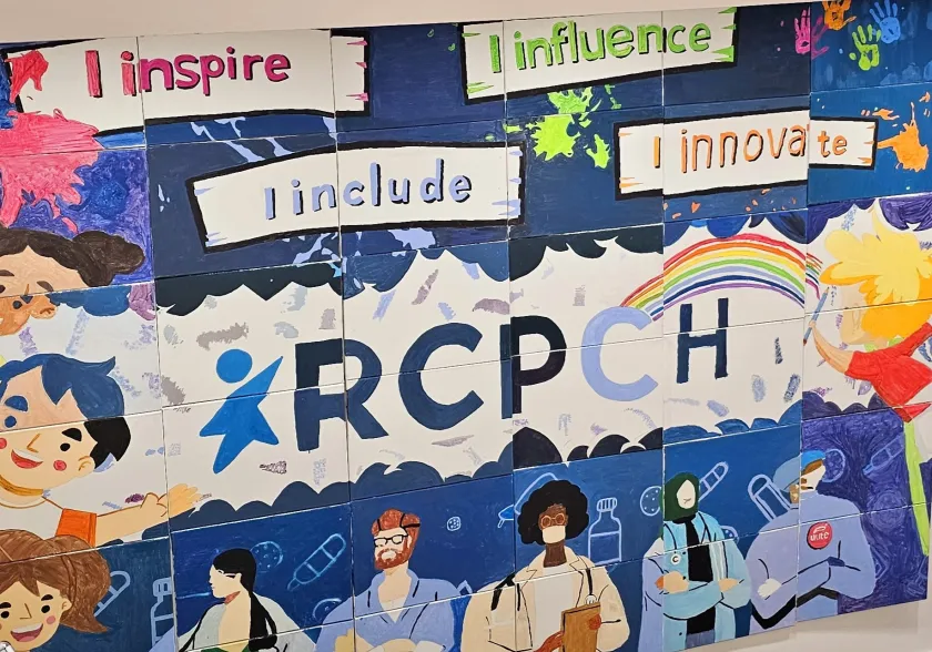 Artwork of RCPCH with I inspire, I include, I influence, I innovate - pictures of healthcare staff, children and bright splashes
