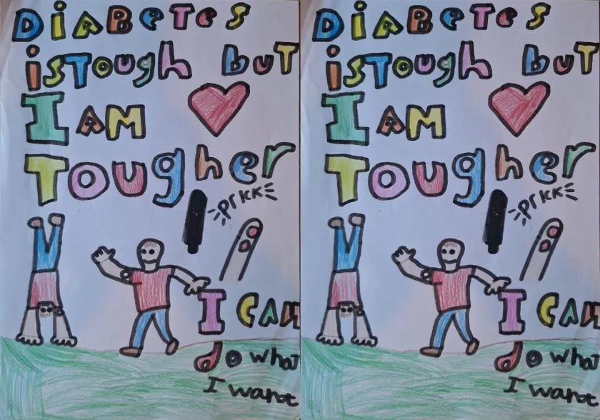 Illustration: Reads 'Diabetes is tough but I am tougher!' with two children playing, a finger that's been pricked 
