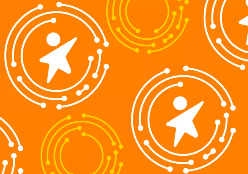 Graphic with 'dynamic child' icon from RCPCH logo in circles - on an orange background