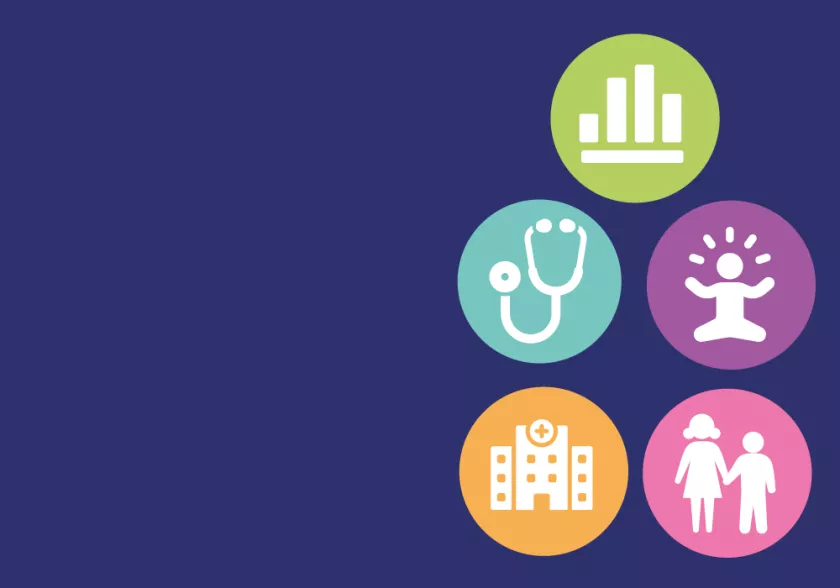 Icons: bar chart; stethoscope; baby; hospital; parent and child