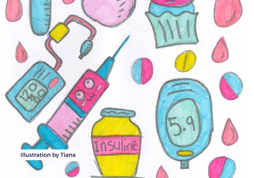 Colourful illustration of equipment that relates to diabetes, including glucose monitor, syringe, insulin medicine, plus droplets of blood and food