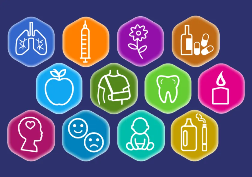 Icons: dynamic child, medical case, document with magnifying glass, computer with document and cursor