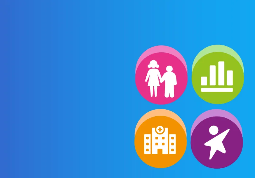 Four icons: family, bar chart, hospital, 'dynamic child' from RCPCH logo 