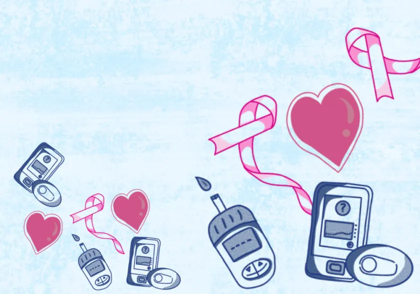 Graphic of diabetes devices on blue background