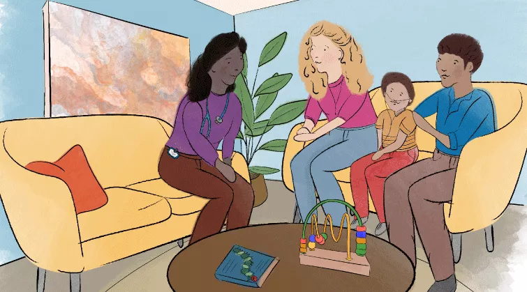 Illustration of a family speaking with one health professional
