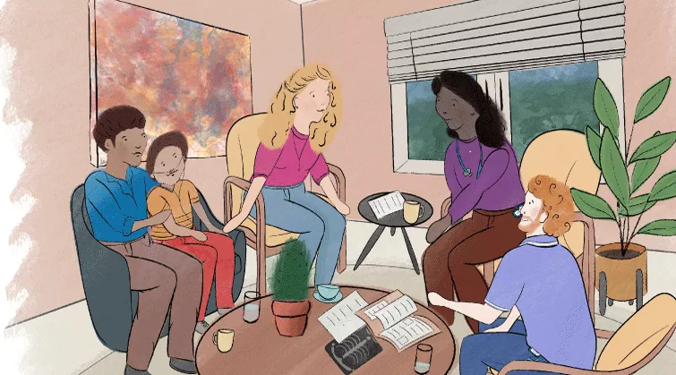 Illustration of a family speaking with two health professionals