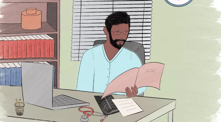 Illustration of a man looking at papers while at a desk