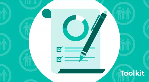 Icon of report with pie chart and checkmarks, with pen - with background of repeated icon of family