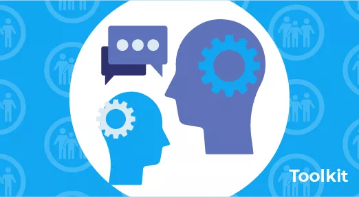 Illustrations of heads with thinking cogs and speech mark, on background with repeated icon of family - 'Toolkit'