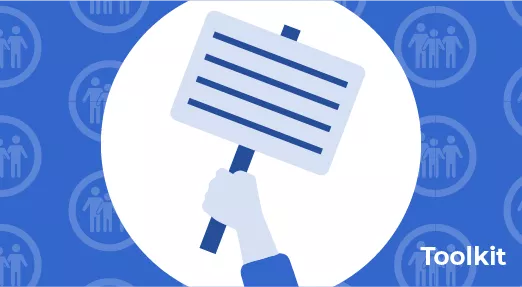 Icon of hand holding placard - background of repeated icon of family - 'Toolkit'