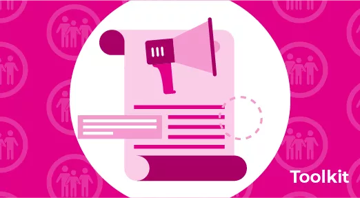 Icon of unrolled scroll with megaphone - on background of repeated icon of family - 'Toolkit'