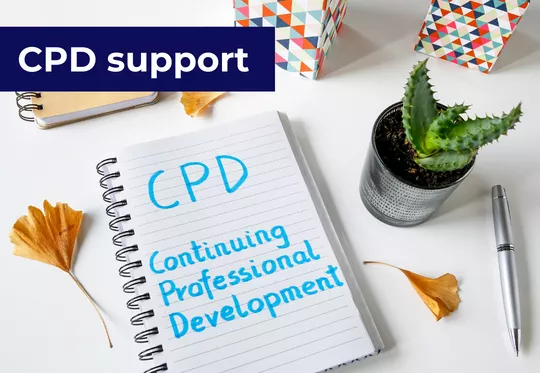 'CPD support' - notepad with hadnwritten 'CPD continuing professional development'