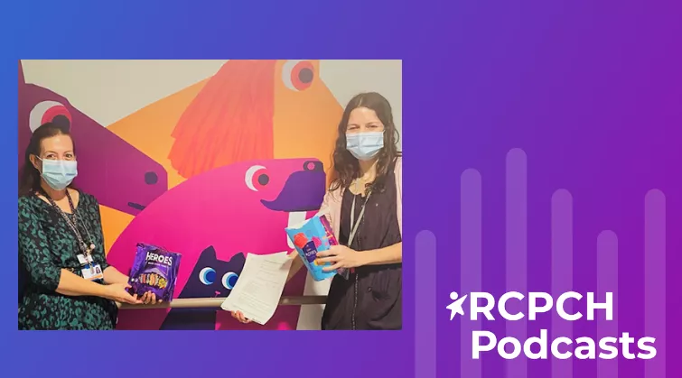 Susie and Benita sharing sweets, in front of a colourful mural | RCPCH Podcasts