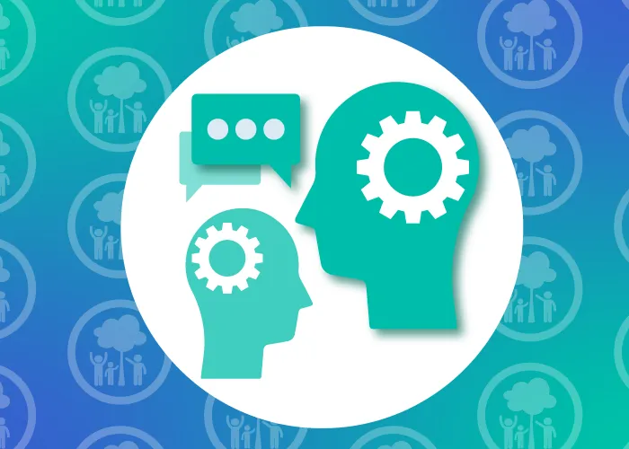 Graphic of two heads with cogs and speech bubbles, on background with repeated icon of family and tree