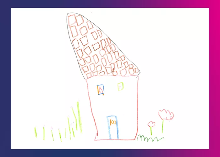 Illustration: House with large room, surrounded by grass and flowers