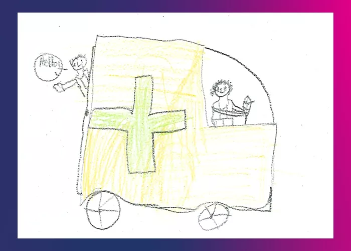 Illustration: Ambulance, with driver and child saying 'Hello!'
