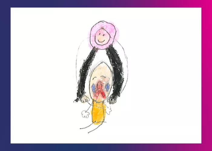 Illustration: Crying baby, with parent embracing