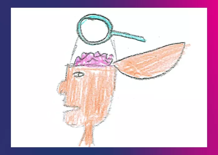 Illustration: Head, opened up to show the brain with a magnifying glass above