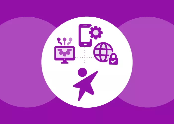 Dynamic child icon with computer network, mobile phone, connected globe and padlock
