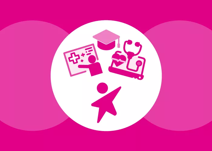 Dynamic child icon with person presenting, graduation cap and stethoscope