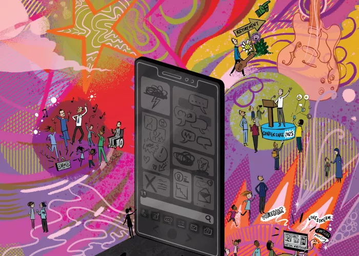 Cover illustration from Milestones magazine - mobile phone and celebrations