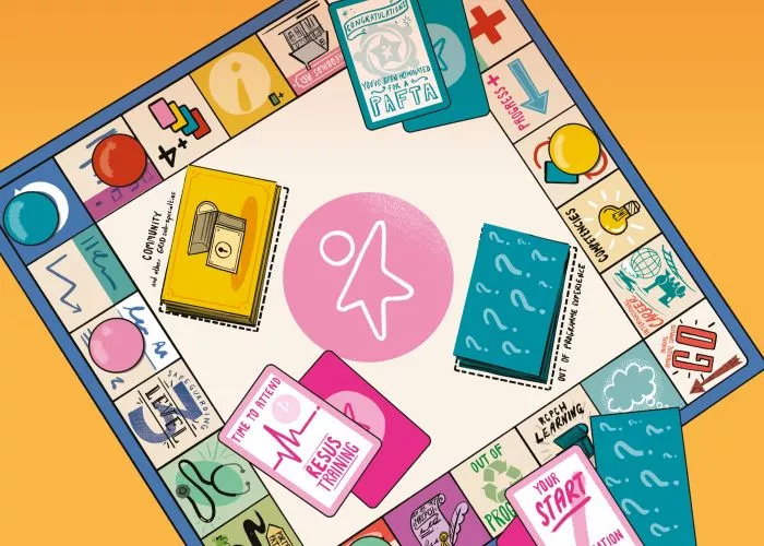 Cover illustration from Milestones magazine - board game like Monopoly with cards and squares relating to RCPCH