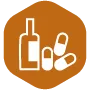 White outline of a bottle and pills on a brown background