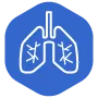 White outline of lungs on a blue hexagon