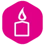White outline of a candle on a magenta hexagon.
