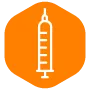 White outline of a syringe on an orange hexagon