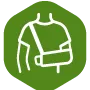White outline of a torso with one arm in a sling on a green hexagon