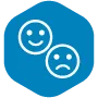 White outlines of a smiley face and a sad face on a blue hexagon 