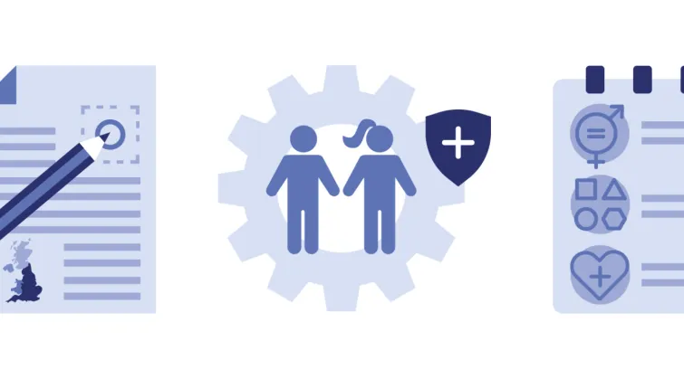 Icons: Document with pencil; cog with children; paper pad with clinical notes