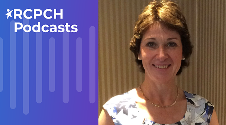 RCPCH Podcasts, with stylised waveform, plus photograph of Dr Fiona Campbell