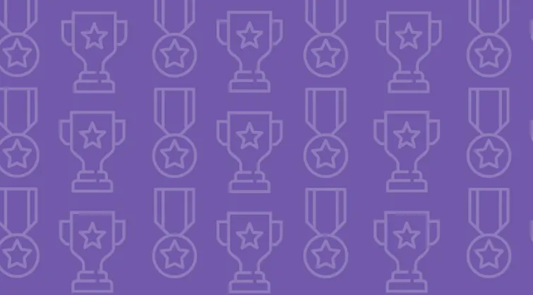 Illustrations of trophies and medals on a purple background