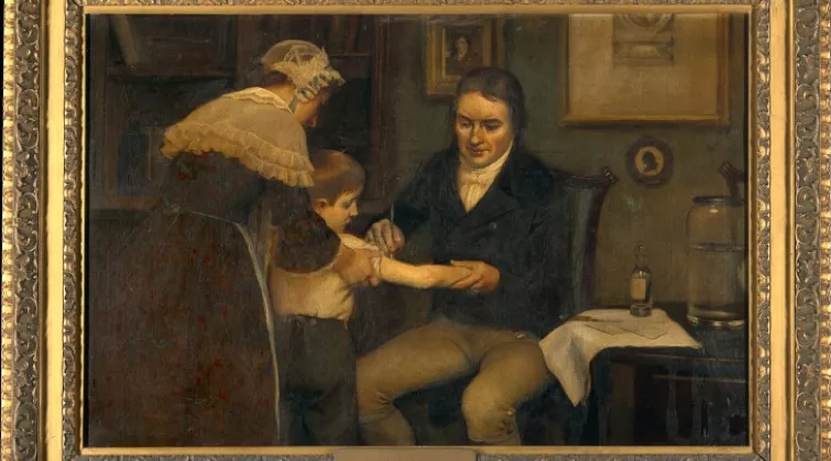 A painting showing Edward Jenner inoculating James Phipps against Smallpox, by Earnest Board,