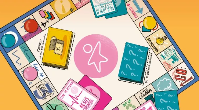 Cover illustration from Milestones magazine - board game like Monopoly with cards and squares relating to RCPCH