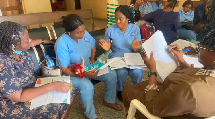 Group of health professionals teaching each other