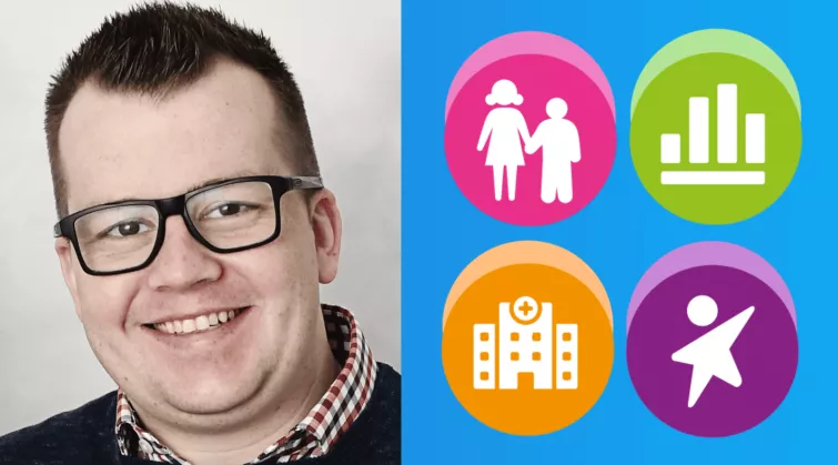 Photo of Sam Jeffrey, plus four icons: family, bar chart, hospital, 'dynamic child' from RCPCH logo 