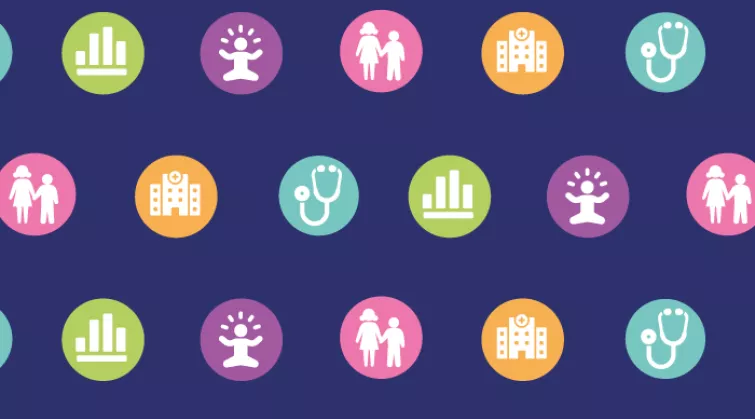 Repeated icons: bar chart; stethoscope; baby; hospital; parent and child