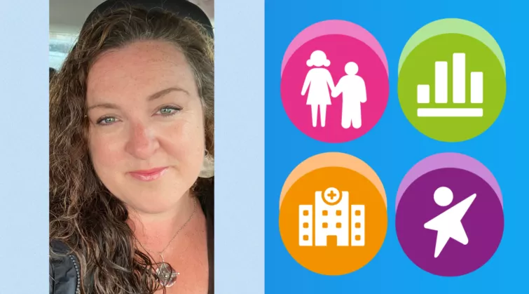 Photo of Dr Lizzy Nickerson next to RCPCH logos of a hospital, a child, a bar chart and a woman and child.