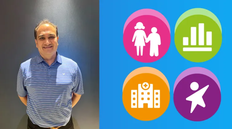 Dr Saurabh Patwhardan alongside small icons representing a hospital, a bar chart and a child