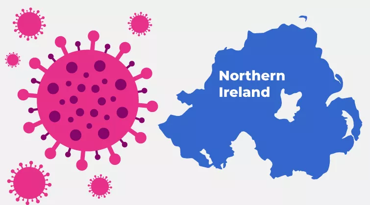 Graphic of the flu virus, with outline map of Northern Ireland