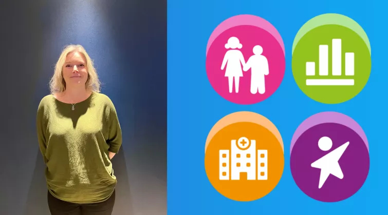 Dr Dana Beasley and graphics showing a hospital, a bar chart and children