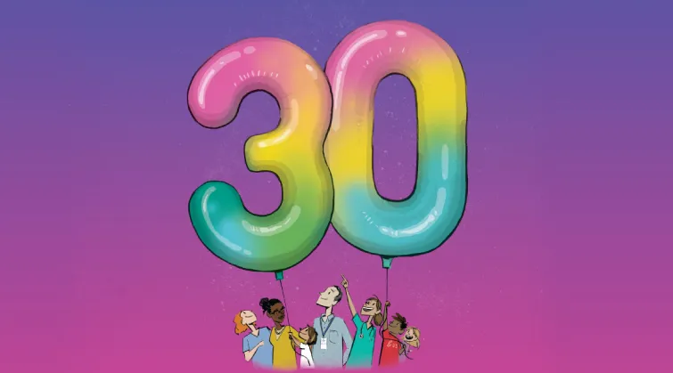Illustration: Balloons shaped as 30, with people holding them up