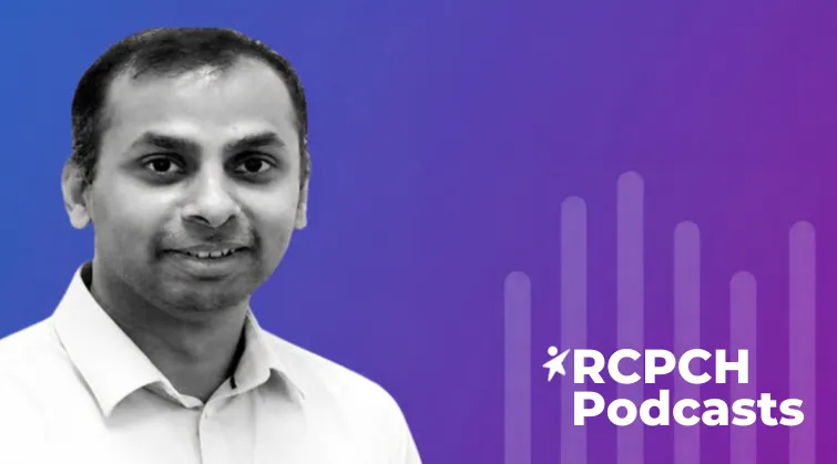Dr Chakra Vasudevan headshot on purple background for RCPCH podcasts