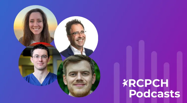 Speaker headshots on purple background with RCPCH podcast logo