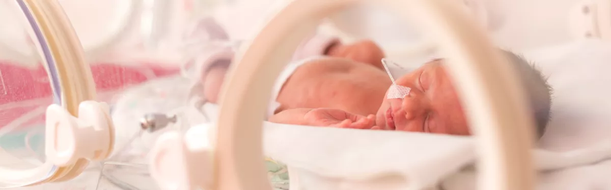 Newborn baby sleeping in a hospital cot