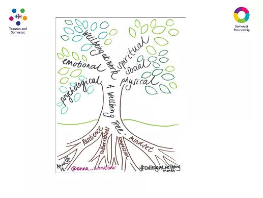 Illustration of a 'wellbeing tree' - roots for resilience, culture and values, compassion, mindset - branches for psychological, emotional, wellbeing at work, spiritual, social, physical. Logos for Taunton and Somerset, and Somerset Partnership